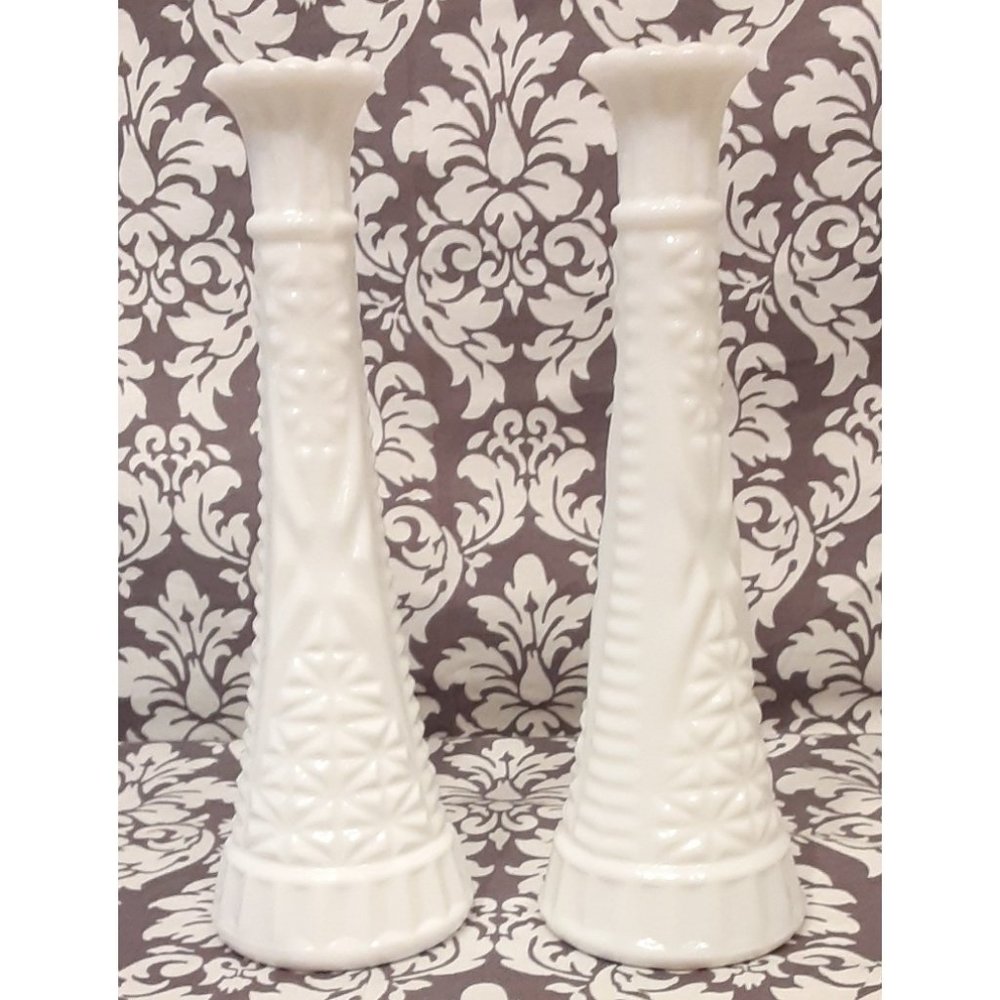 Milk Glass Long Neck Vase Matching Set of 2